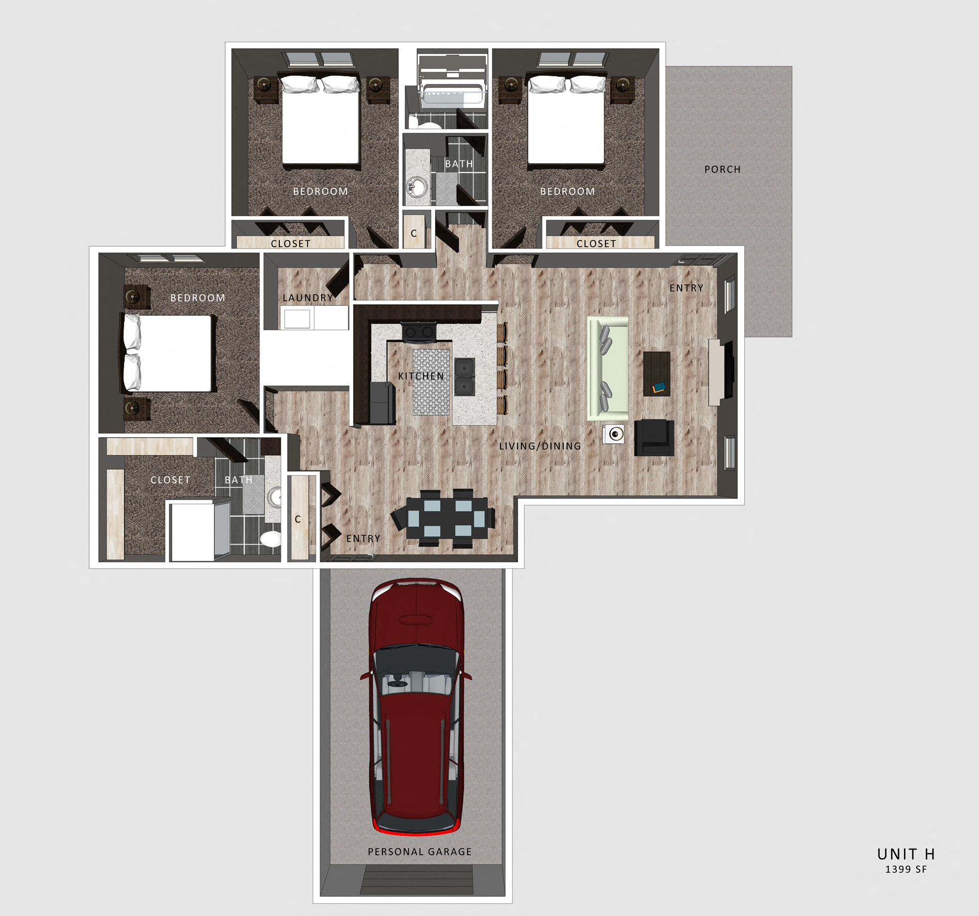 Floor plan for 3 beds, 2 baths, 1399 sqft
