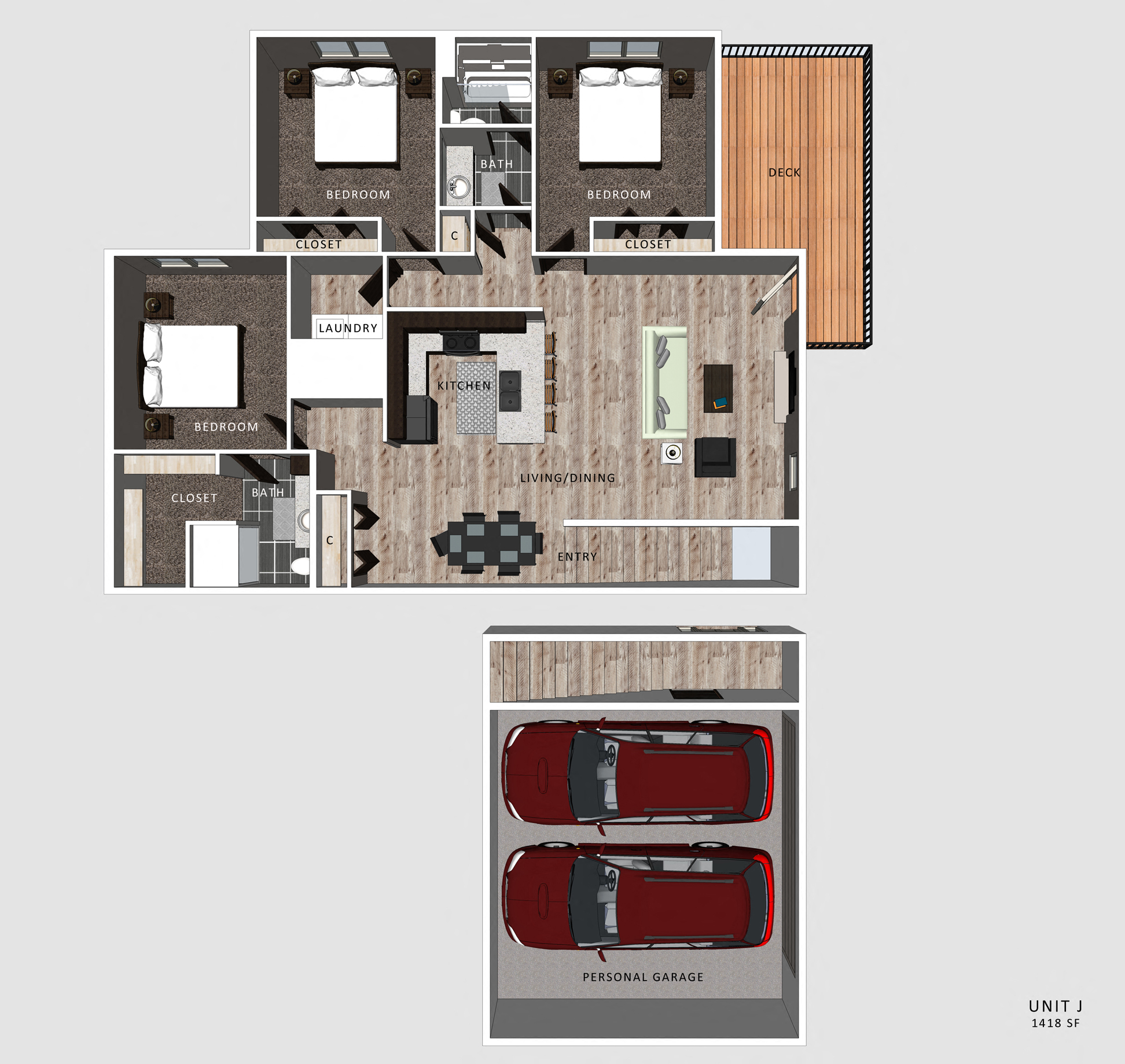 Floor plan for 3 beds, 2 baths, 1418 sqft