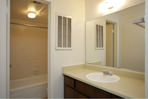 Cleveland apartment for rent - a bathroom with a sink and a mirror and a tub