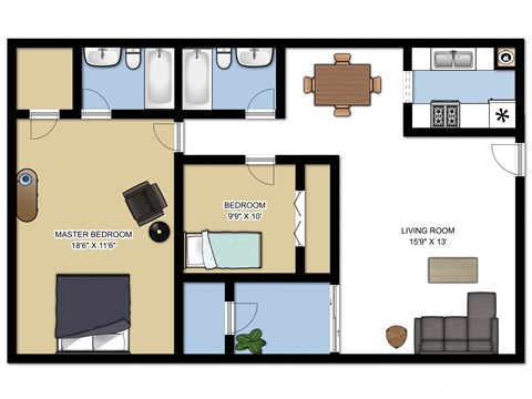 Floor plan for 2 beds, 2 baths, 900 sqft