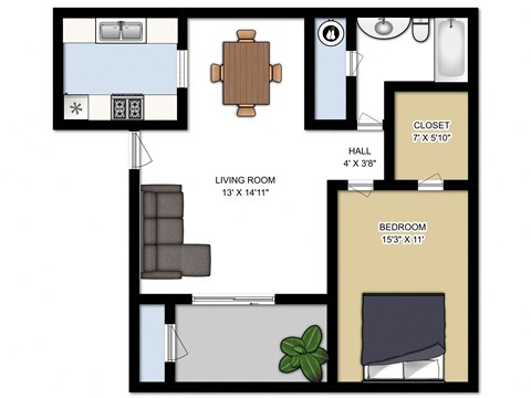Floor plan for 1 bed, 1 bath, 750 sqft