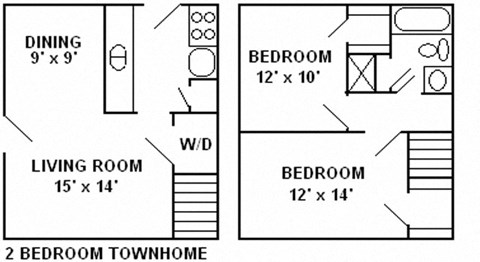 Floor plan for 2 beds, 1.5 baths, 1100 sqft