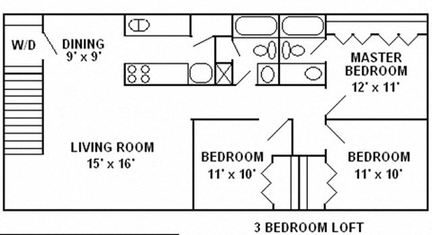 Floor plan for 3 beds, 2 baths, 1200 sqft