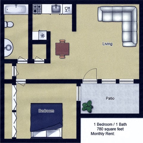 Floor plan for 1 bed, 1 bath, 770 sqft