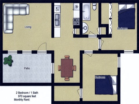 Floor plan for 2 beds, 1 bath, 970 sqft