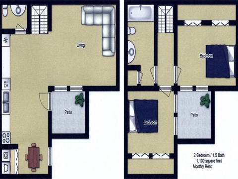Floor plan for 2 beds, 1.5 baths, 1100 sqft