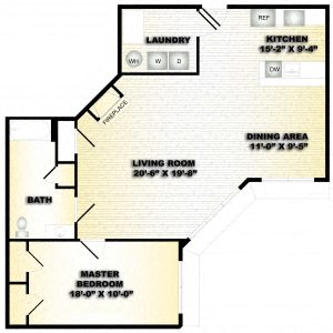Floor plan for 1 bed, 1 bath, 999 sqft