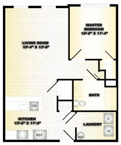 Floor plan for 1 bed, 1 bath, 684 sqft