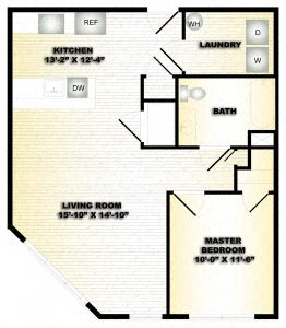 Floor plan for 1 bed, 1 bath, 693 sqft