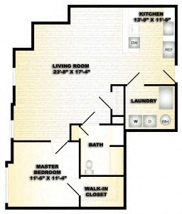 Floor plan for 1 bed, 1 bath, 854 sqft
