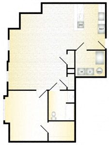 Floor plan for 1 bed, 1 bath, 959 sqft