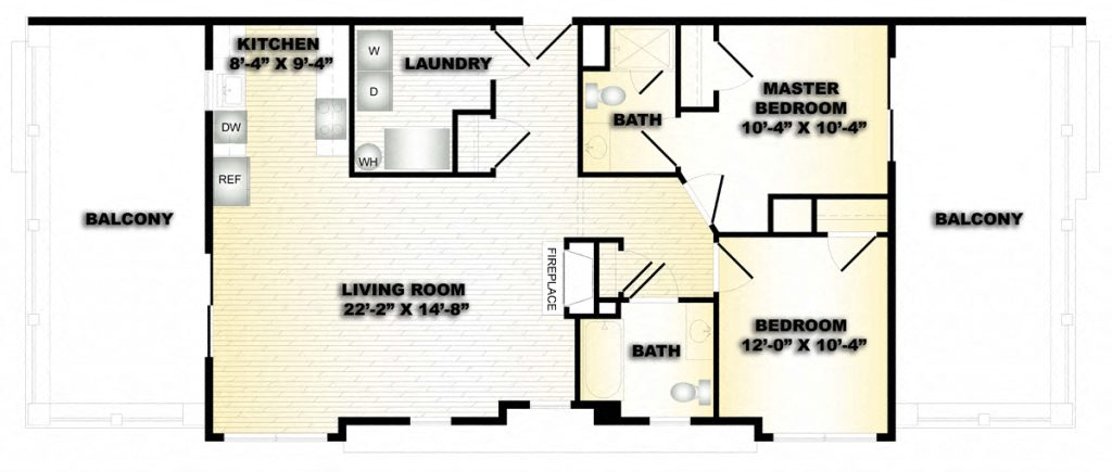 Floor plan for 2 beds, 2 baths, 999 sqft