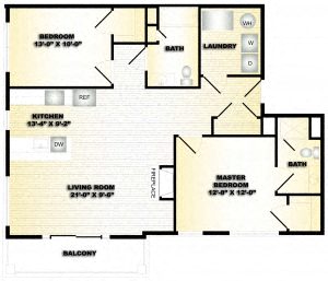 Floor plan for 2 beds, 2 baths, 1032 sqft