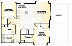 Floor plan for 2 beds, 2 baths, 1040 sqft