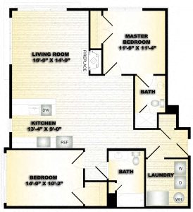 Floor plan for 2 beds, 2 baths, 1068 sqft