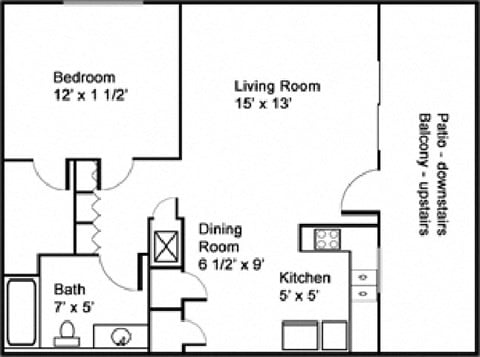 Floor plan for 1 bed, 1 bath, 675 sqft