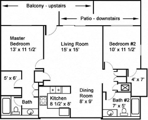 Floor plan for 2 beds, 2 baths, 955 sqft