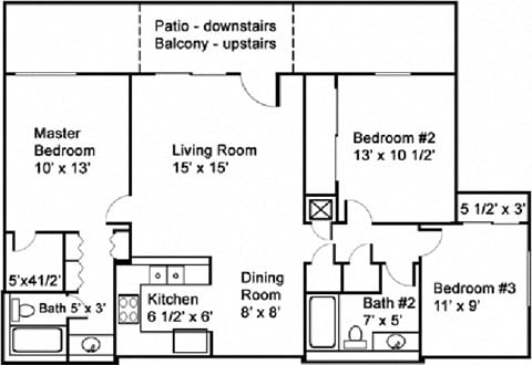 Floor plan for 3 beds, 2 baths, 1106 sqft