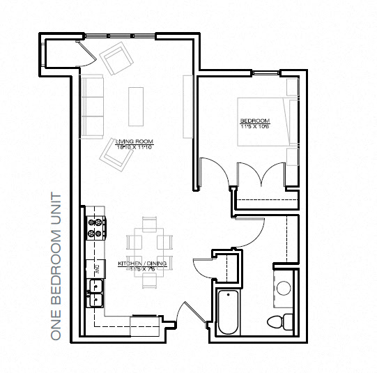 Floor plan for 1 bed, 1 bath, 685 sqft