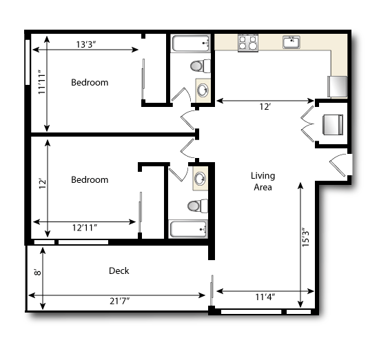 Floor plan for 2 beds, 2 baths, 990 sqft