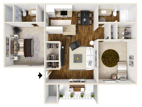 Floor plan for 2 beds, 2 baths, 900 sqft