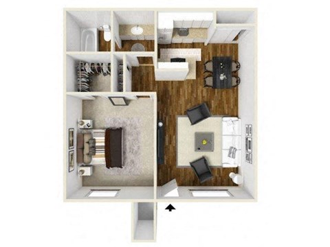 Floor plan for 1 bed, 2 baths, 879 sqft