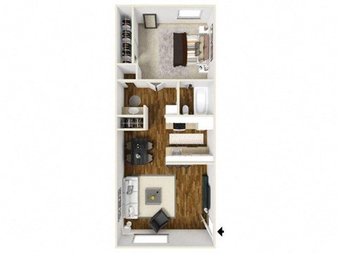 Floor plan for 1 bed, 1 bath, 625 sqft