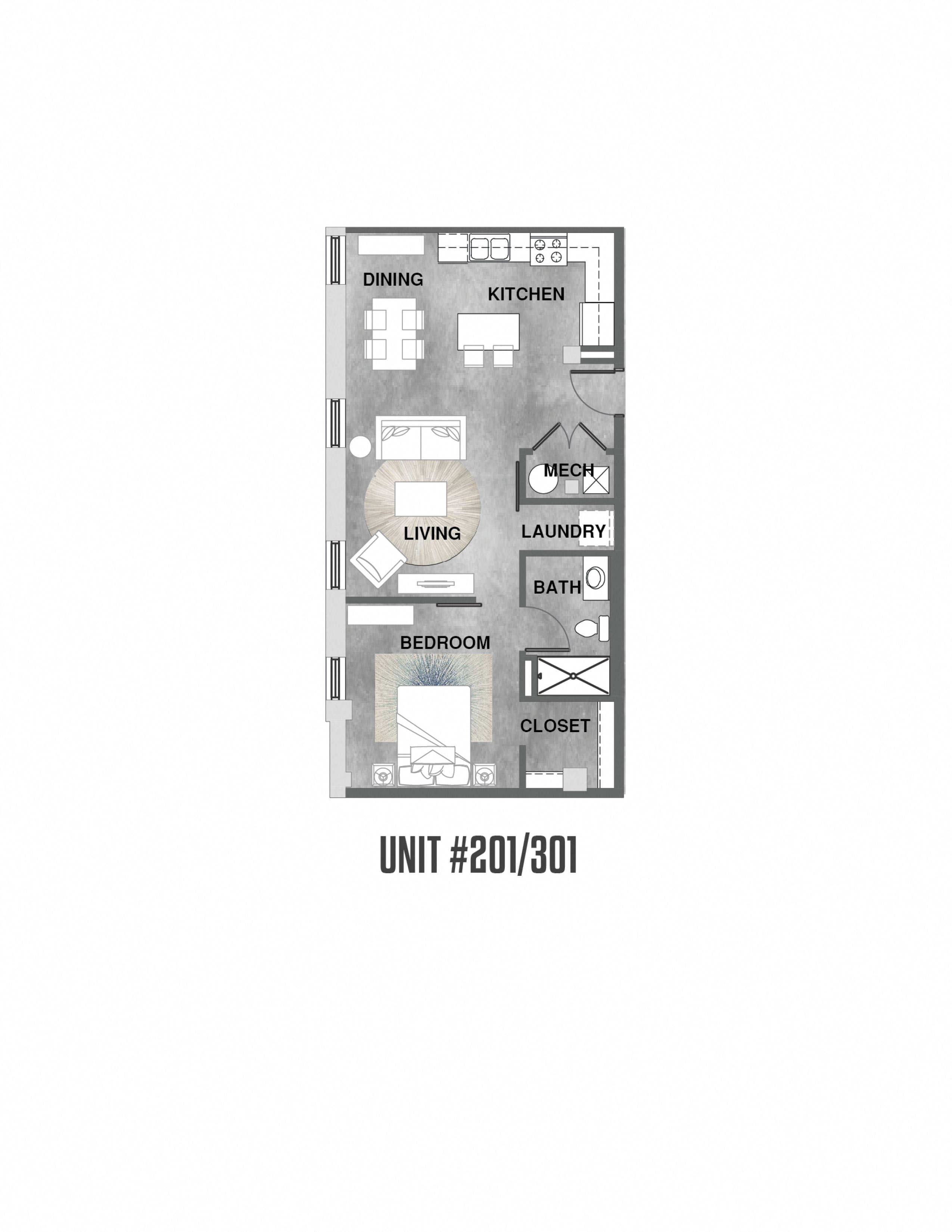 Floor plan for 1 bed, 1 bath, 695 sqft