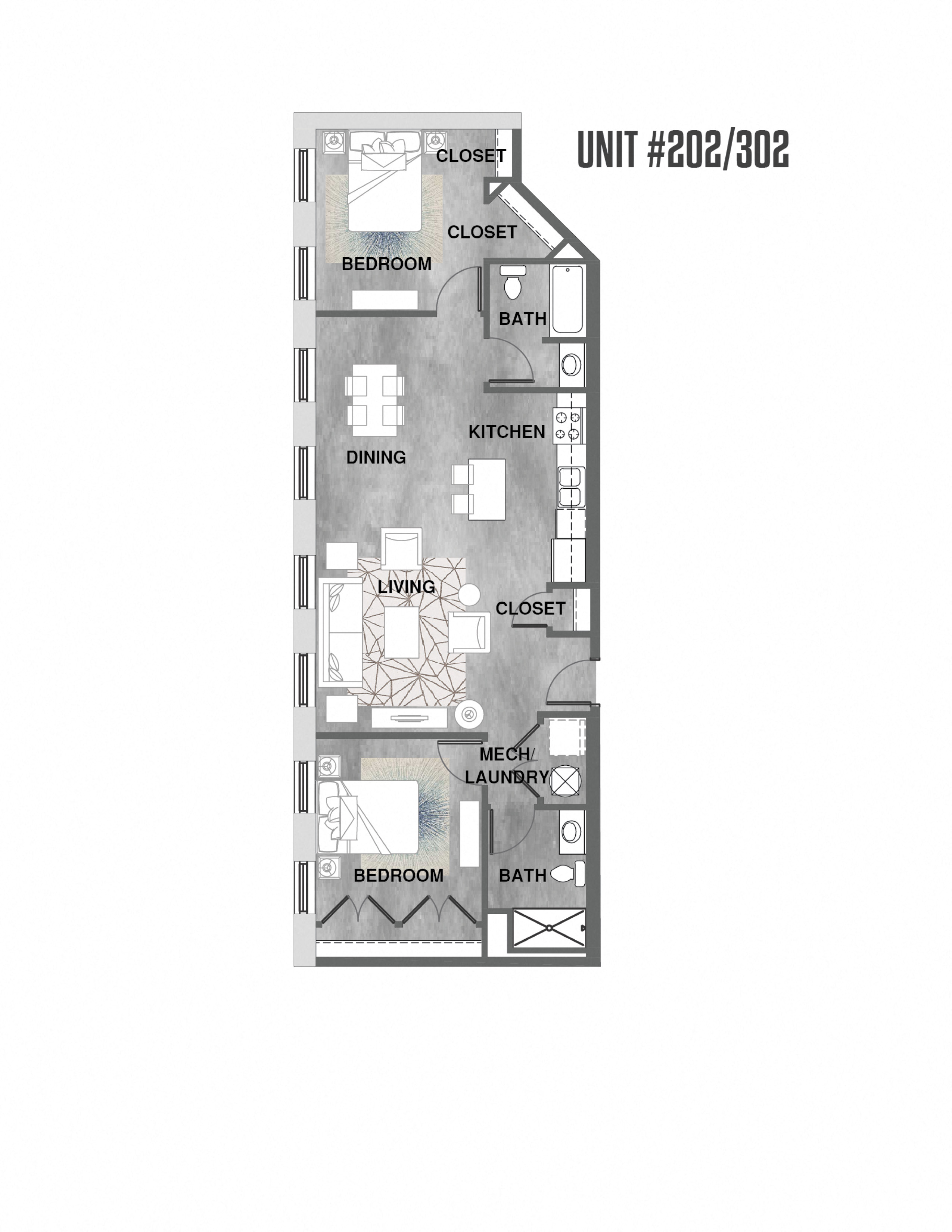 Floor plan for 2 beds, 2 baths, 820 sqft