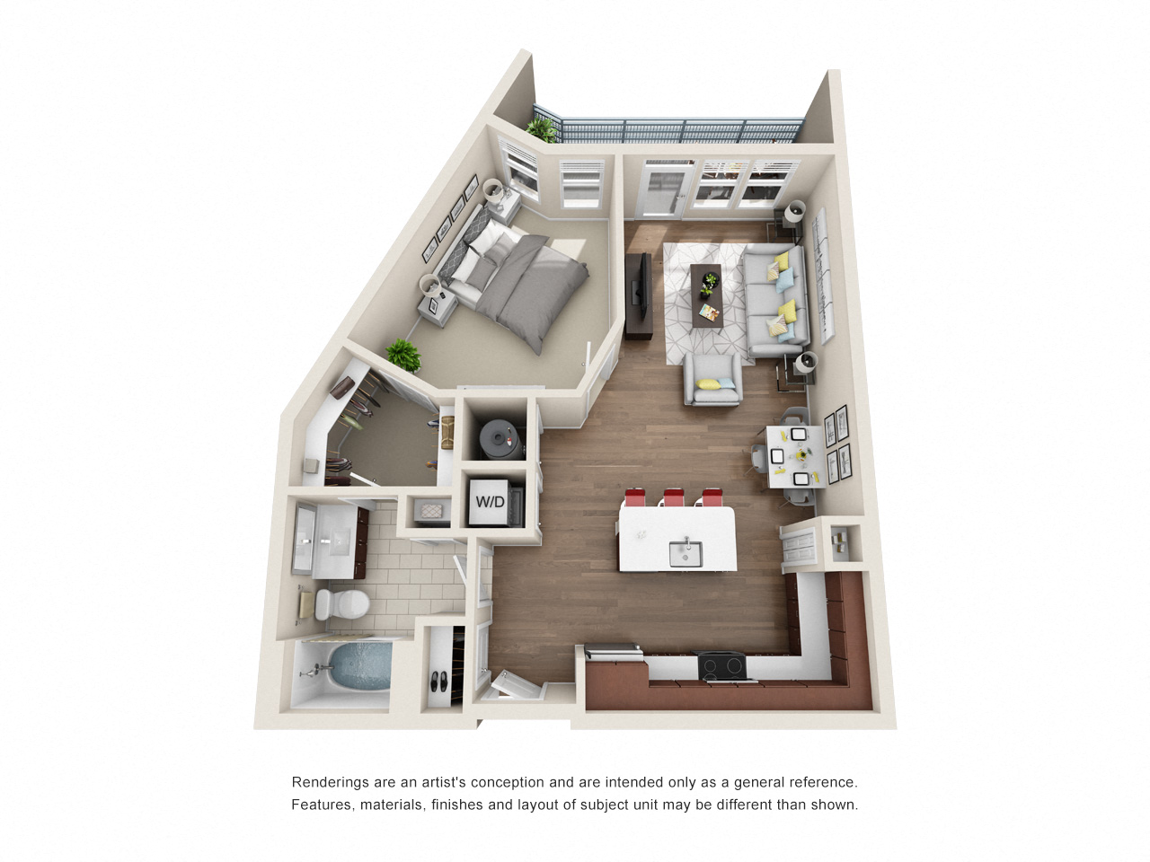 Floor plan for 1 bed, 1 bath, 783 sqft