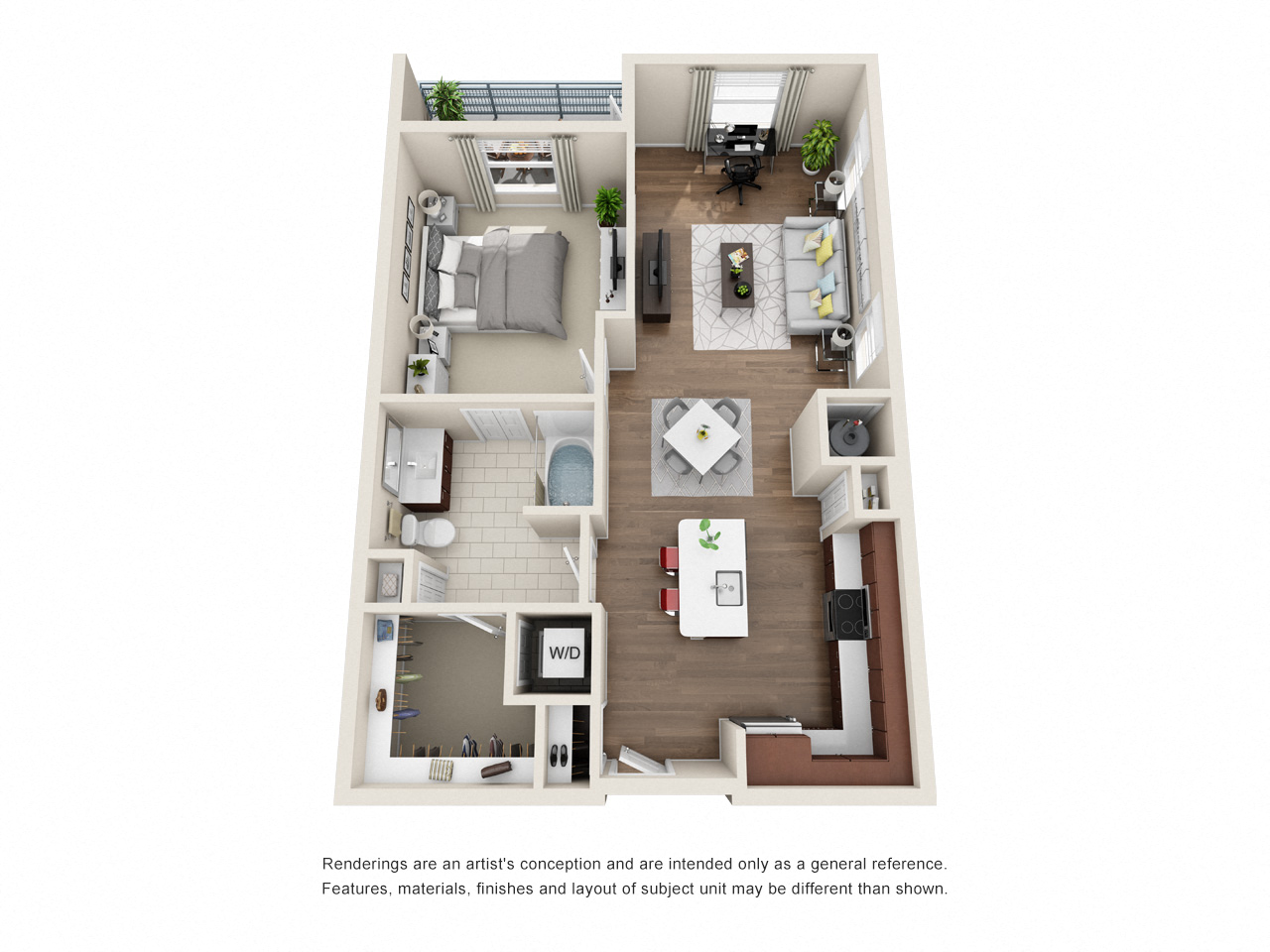 Floor plan for 1 bed, 1 bath, 854 sqft