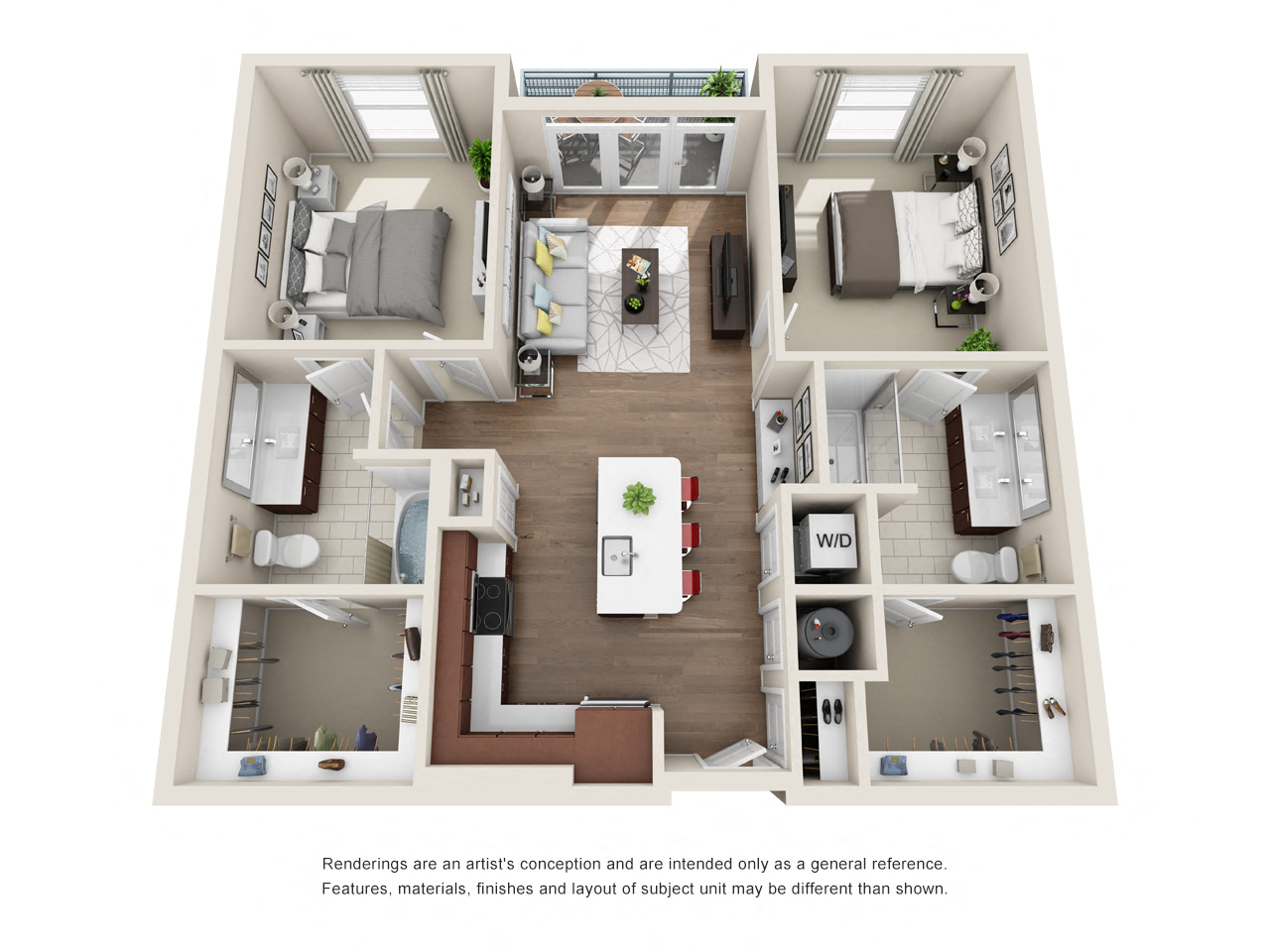 Floor plan for 2 beds, 2 baths, 1048 sqft
