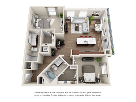 Floor plan for 2 beds, 2 baths, 1264 sqft