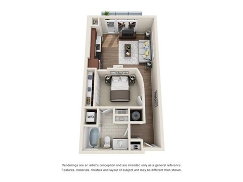 Floor plan for 1 bed, 1 bath, 622 sqft