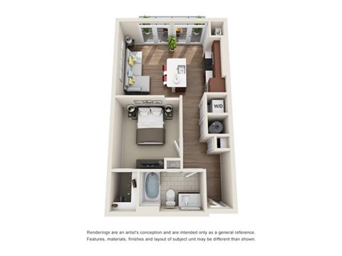 Floor plan for 1 bed, 1 bath, 638 sqft