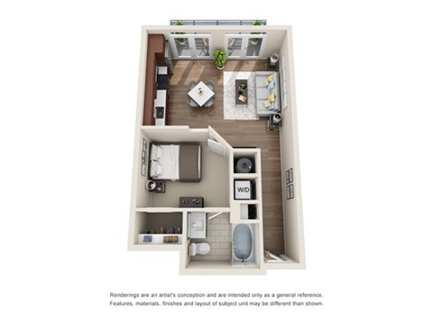 Floor plan for 1 bed, 1 bath, 671 sqft