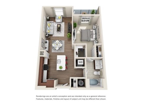 Floor plan for 1 bed, 1 bath, 721 sqft