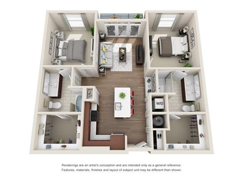Floor plan for 2 beds, 2 baths, 1032 sqft