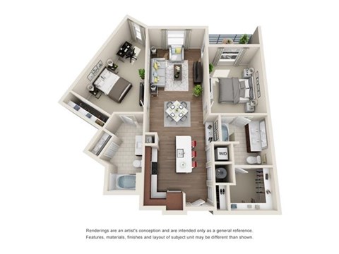 Floor plan for 2 beds, 2 baths, 1105 sqft