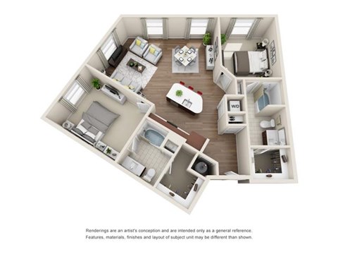 Floor plan for 2 beds, 2 baths, 1205 sqft