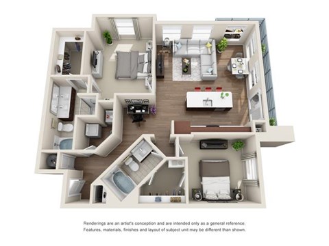 Floor plan for 2 beds, 2 baths, 1361 sqft