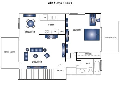 Floor plan for 1 bed, 1 bath, 632 sqft