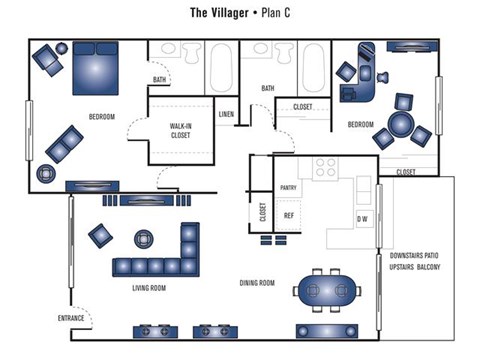 Floor plan for 2 beds, 2 baths, 1005 sqft