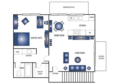 Floor plan for 1 bed, 1 bath, 665 sqft