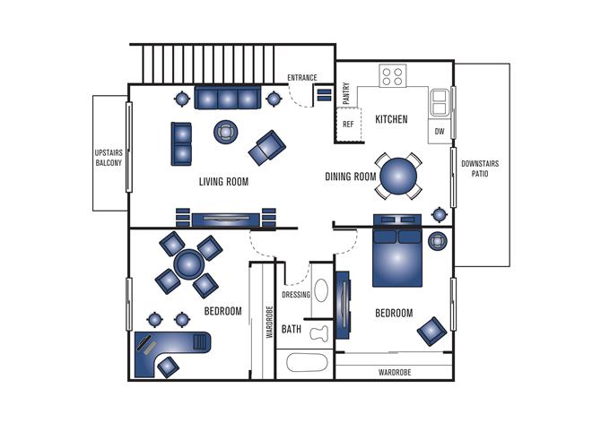 Floor plan for 2 beds, 1 bath, 815 sqft