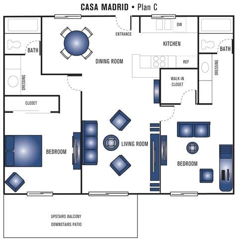 Floor plan for 2 beds, 2 baths, 1001 sqft