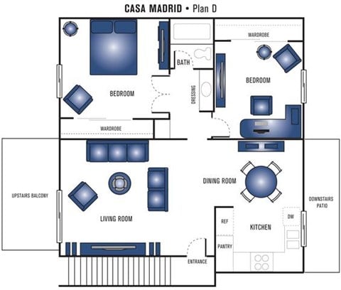 Floor plan for 2 beds, 1 bath, 930 sqft