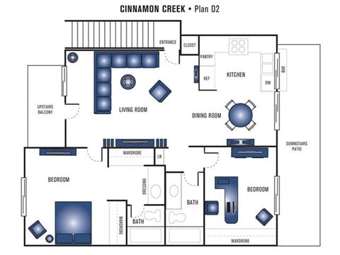 Floor plan for 2 beds, 2 baths, 976 sqft