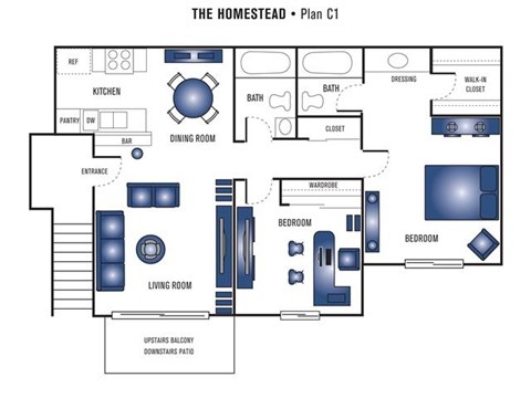 Floor plan for 2 beds, 2 baths, 835 sqft