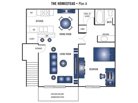 Floor plan for 1 bed, 1 bath, 610 sqft